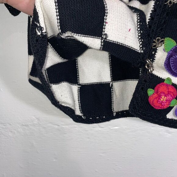 Vintage Christina Rotelli Checkered Floral Applique Sweater Cardigan 100% Cotton - Picture 7 of 12